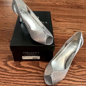 Adrianna Papell, dress shoes, silver/pewter open toe strappy heels, size 9